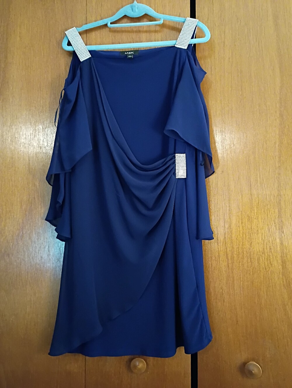MSK Navy One-Shoulder Draped Evening Dress with Rhinestone Straps